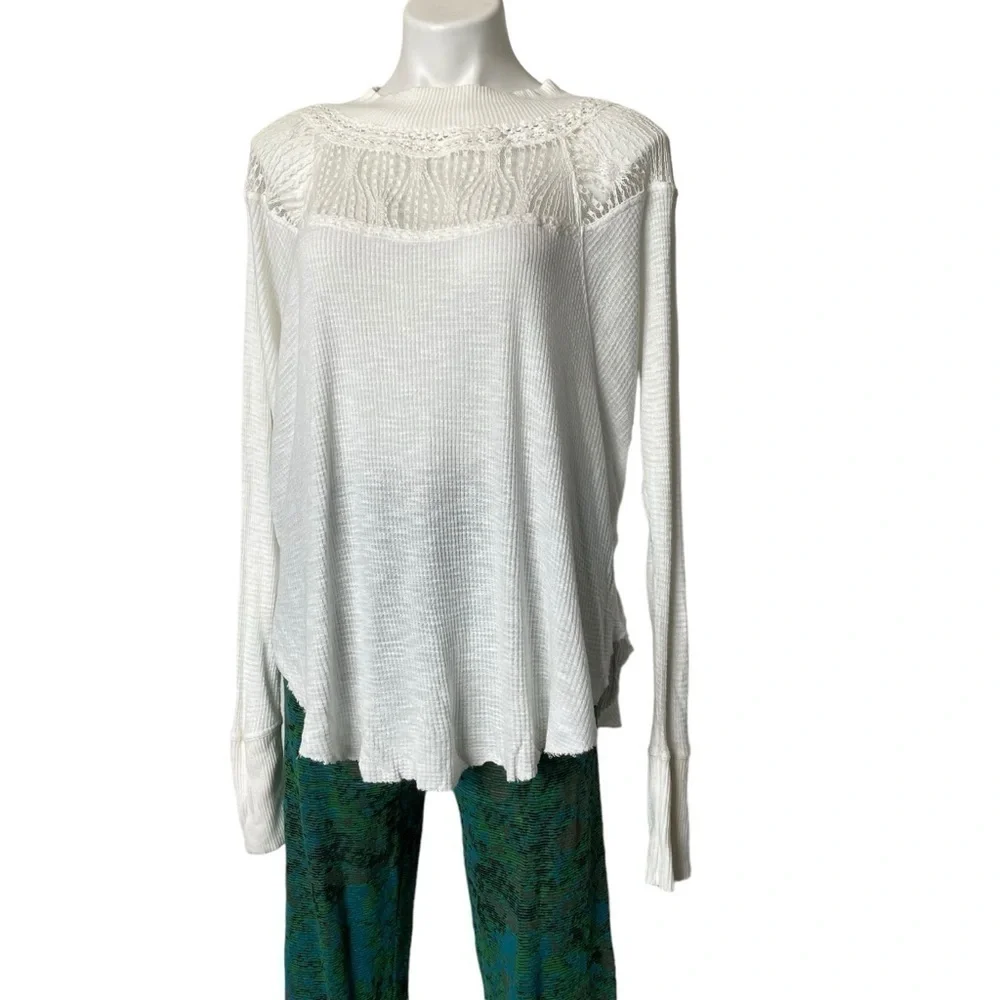 Free People - Spring Valley Long Sleeves Top | Women Small | Ivory Crotchet Lace